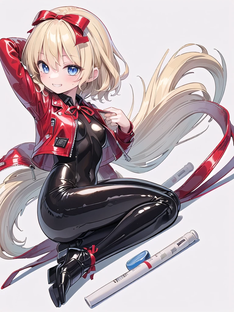 (((high quality))),(((masterpiece))),(((highly detailed))),((illustration style)),(((one girl))),(((medicine melancholy))),(touhou),(((blue eyes))), (((wavy hair, short hair, blonde hair,red ribbon))),(((red leather jacket))),(((plaid red full bodysuit))),((latex)), (shiny clothes:1.2),(((grin))),(((full body))),(((arm behind head))),(((model posing))),((((simple white background))),(((Side angle)))