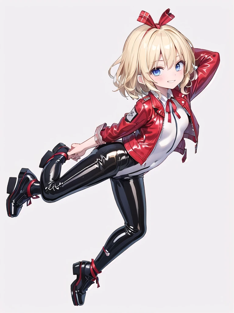 (((high quality))),(((masterpiece))),(((highly detailed))),((illustration style)),(((one girl))),(((medicine melancholy))),(touhou),(((blue eyes))), (((wavy hair, short hair, blonde hair,red ribbon))),(((red leather jacket))),(((plaid red full bodysuit))),((latex)), (shiny clothes:1.2),(((grin))),(((full body))),(((arm behind head))),(((model posing))),((((simple white background))),(((Side angle)))