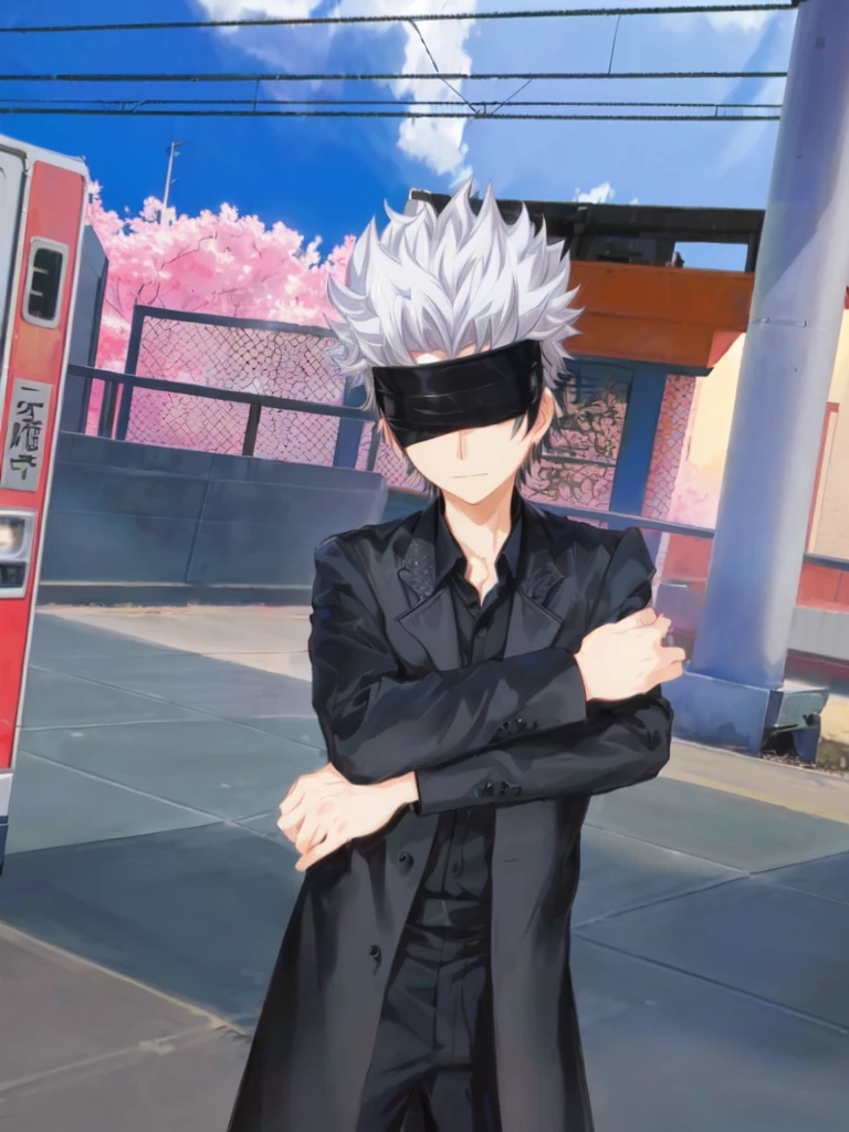anime character in black suit standing in front of a train, inspired by Okumura Togyu, he wears an blind folded, black blindfolded, he has dark silver hairs, wearing an blind folded, handsome anime pose, live2d, gojo satoru. Fake smile.
