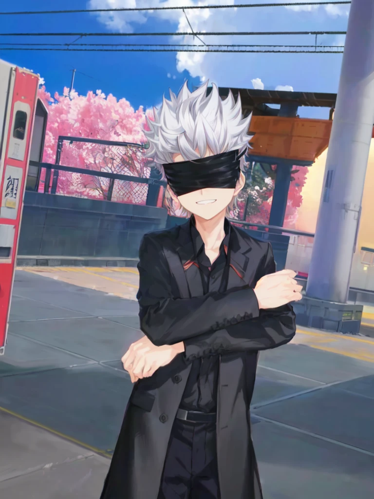 anime character in black suit standing in front of a train, inspired by Okumura Togyu, he wears an blind folded, black blindfolded, he has dark silver hairs, wearing an blind folded, handsome anime pose, live2d, gojo satoru. Fake smile.