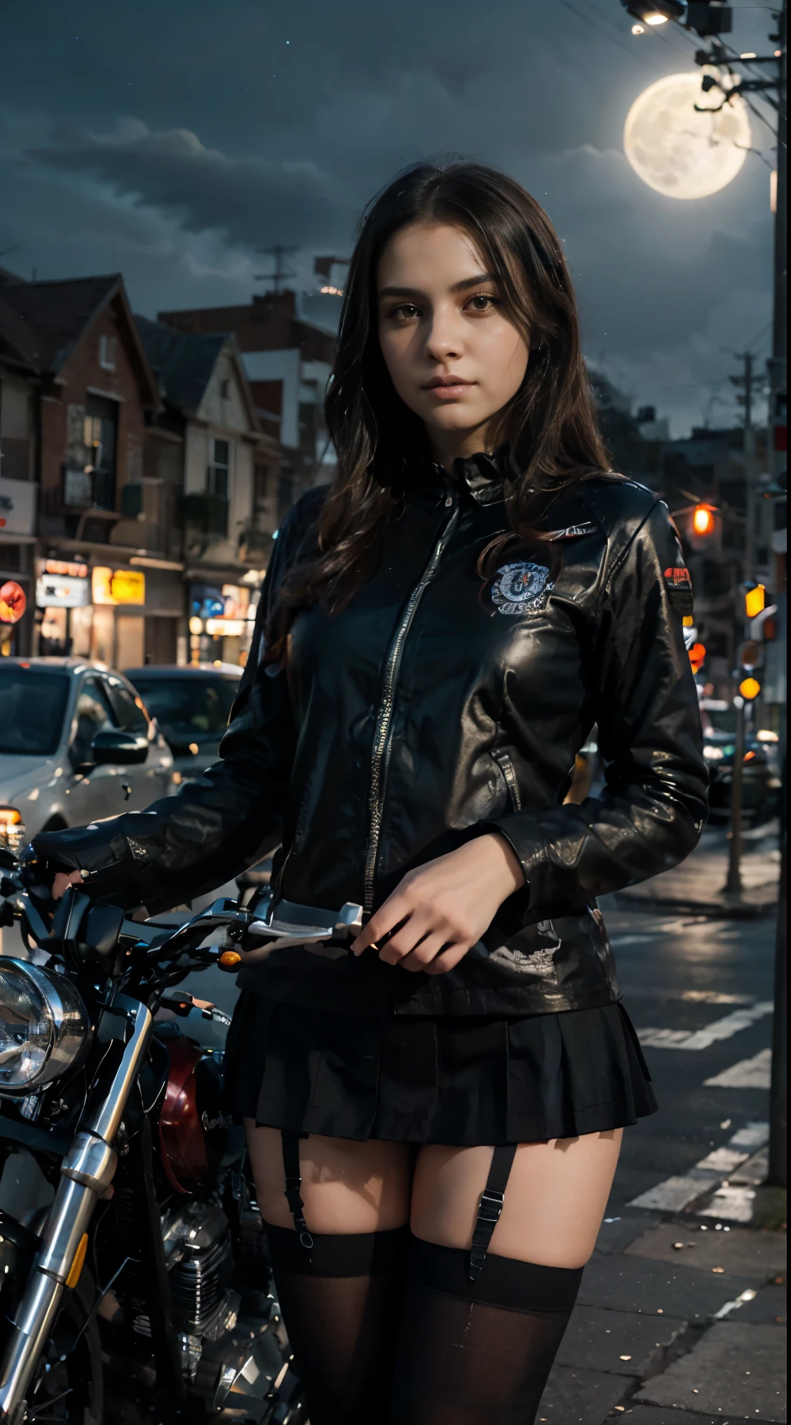 17-year-old Waifu  posando na frente de uma motocicleta futurista, the motorcycle has skulls and blue flames highly detailed 3D graphics, night scenery with full moon in the background, she is wearing a  Uniform with 3D skulls and flames and Sailor Miniskirt, Pantyhose, HDR, epic realism, high-octane rendering, obra de arte,