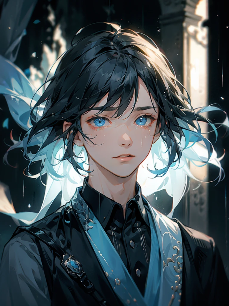 a guy looking into the light surrounded by rain 1boy, male focus, blue eyes, tears, solo, black hair, portrait, crying