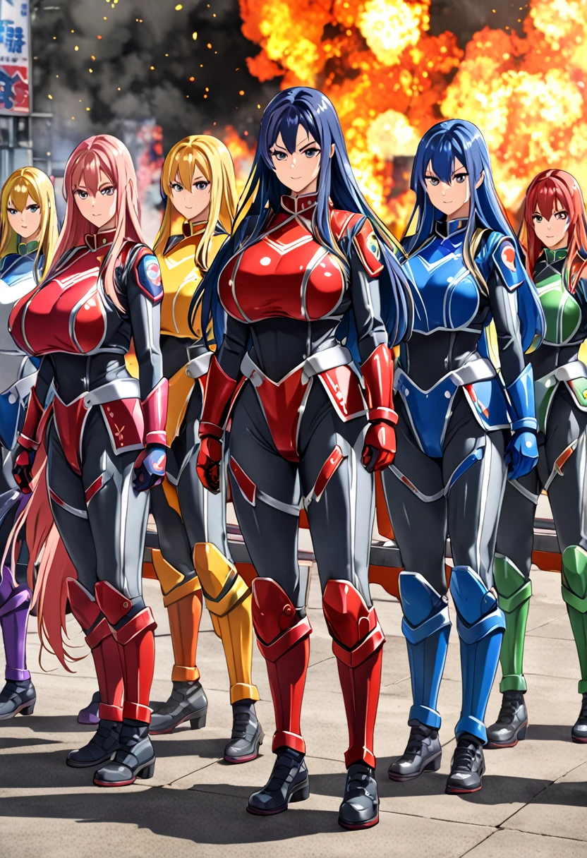 (Beauty),(Big Breasts),(Long Hair),パワーレンジャー standing in a line,Special Effects,Colorful combat uniforms,Promotional Steel