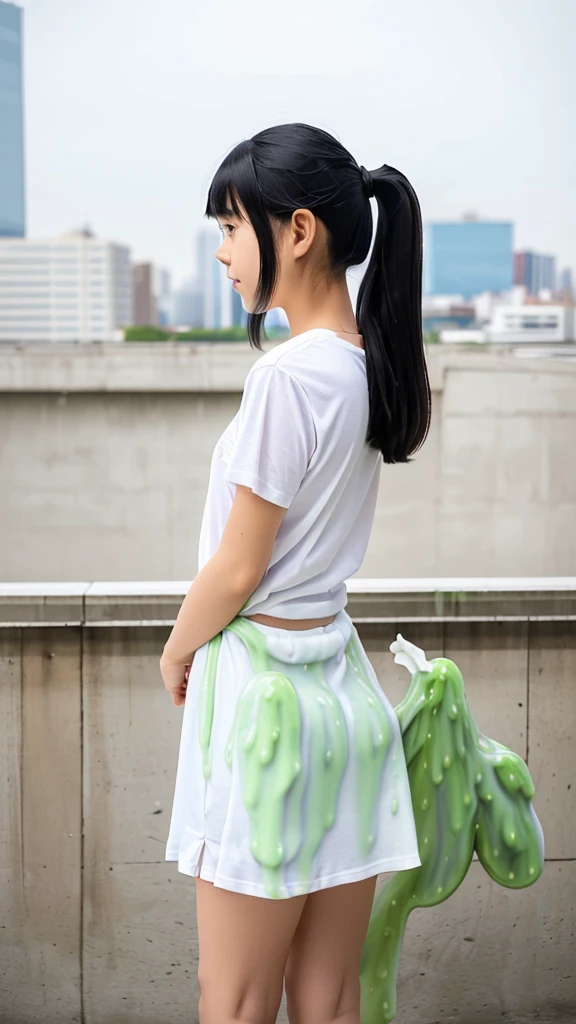 Masterpiece, hd, portrait, best quality, high res,
(1 girl:1.3), realistic, solo, wearing white t-shirt and miniskirt,
 day time shopping stores, streets, city
, view from side, cool cute girl,
(long lightning singleponytail blackhair),(Asianeyes),
((Japaneseidolslimface)),((coolslimeyes:1.5)),((high150cm,weight29kg,b60cm,w50cm,h65cm)),
((thinbody,littlebody,frat raspingbody,delicatebody)),((平らな胸:1.5)),