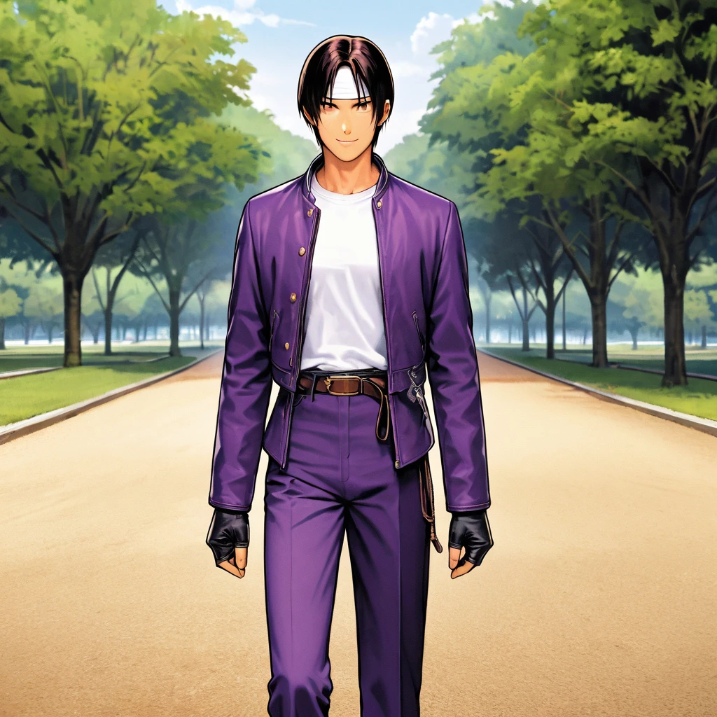 Orochikyo, 1 person, alone, Purple Jacket, Fingerless gloves, White T-shirt, White headband, Purple pants, White shoes, whole body, good looking, charm, masterpiece, High resolution, Detailed face,fine grain,A confident smile,At the park