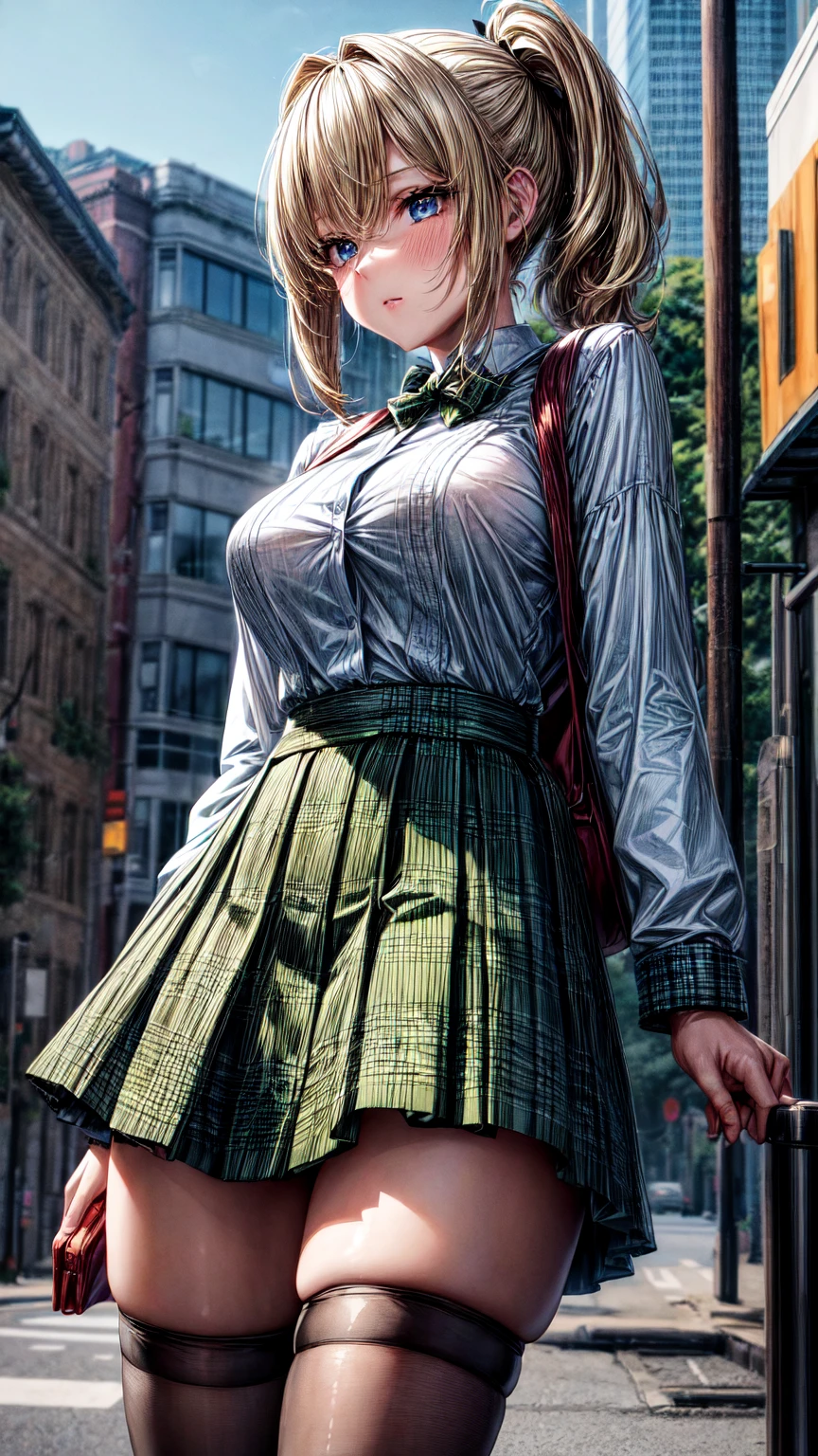 1girl,masterpiece,best quality,blonde hair,(ponytails),blue eyes,(black stockings),(green plaid skirt),short skirt,standing,in full length,medium breasts,white t shirt,in front of streets,extremely detailed,[[realistic]],beautiful alluring anime teen,seductive anime girl,waving skirt