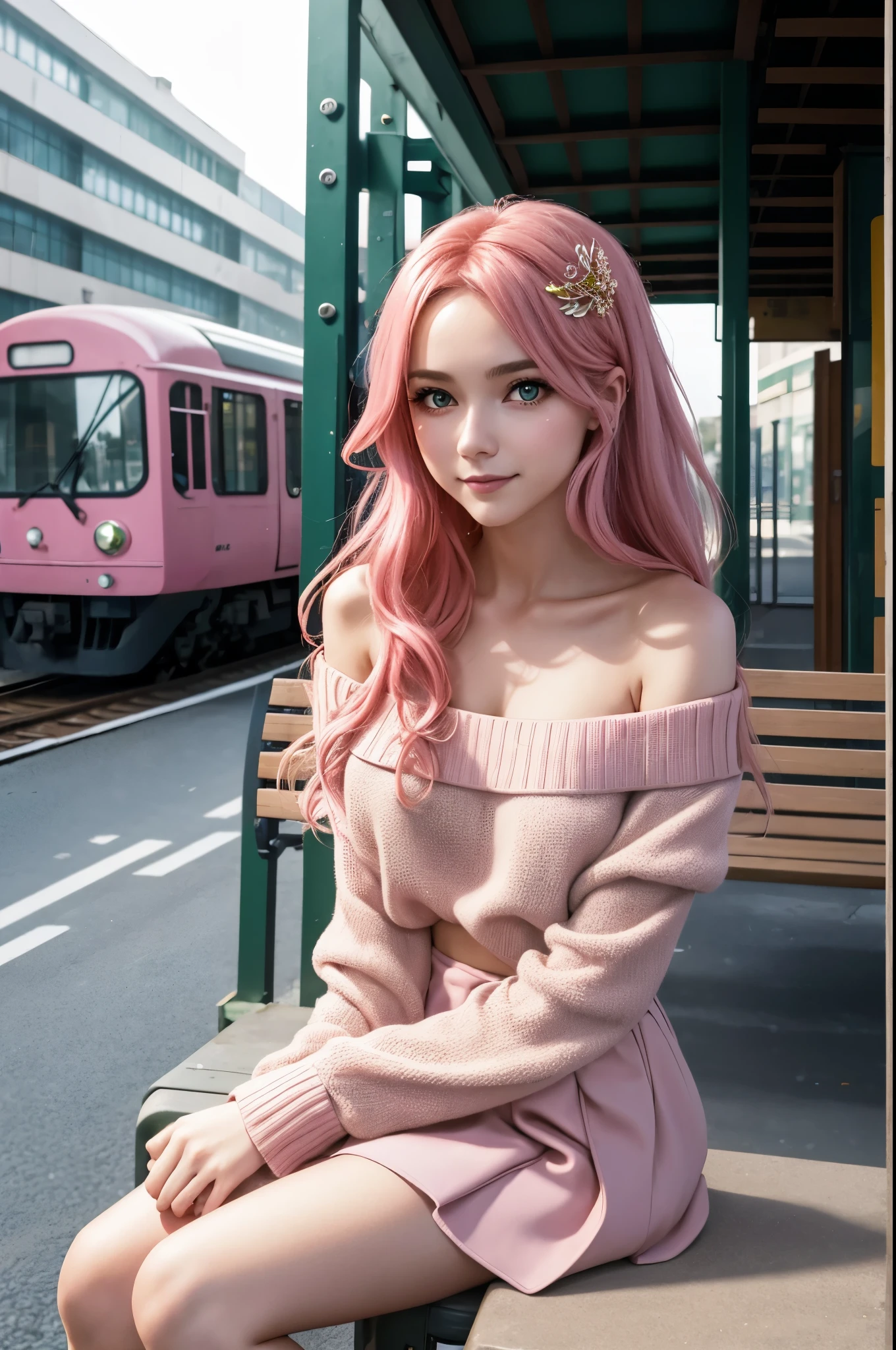 hair ornaments, long hair, wave hair ornaments, blush,pink hair, emerald green eyes, smile,The front of the pink coat is open,white off shoulder sweater,naked neck,bare shoulders,bare clavicle,mini skirt,black fishnets,short boots,Sitting on a bench in a station,winter,meeting,evening,sunset,
break looking at viewer,
break outdoors, station entrance,
break