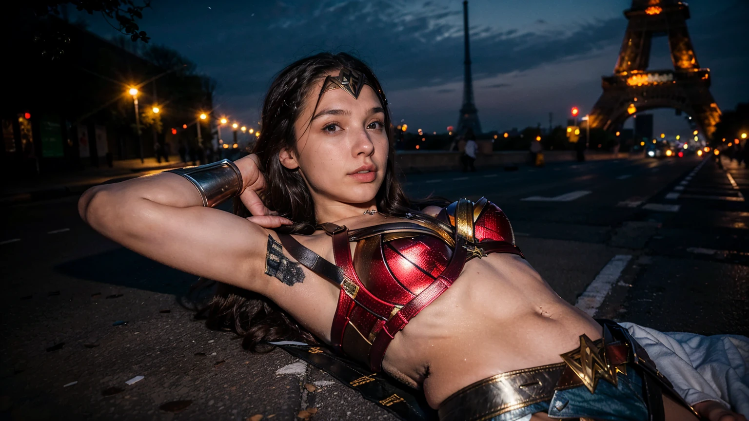 ((masterpiece), (solo character), (photorealistic:1.4), ),(best quality), (epiCRealLife), (g4lg), (wonder woman bra top), (g4lg show abs), (g4lg show cleavages), (Gal Godot in wonder woman costume), (lora:epiCFlashPhoto),(flashphoto), (flash photography) (look at viewers), (outdoor), (Eifel Tower), (night time), (city night lights), (street view), (lying on street)
