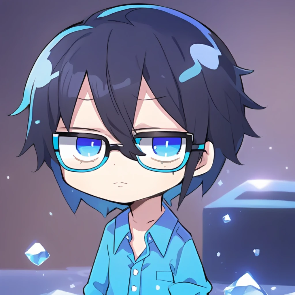 Chibi character, male character, Bblack hair, WITH GLASSES, Blue cold blouse, shining eyes, maya blue eyes, background quarto masculino, closest character, glad