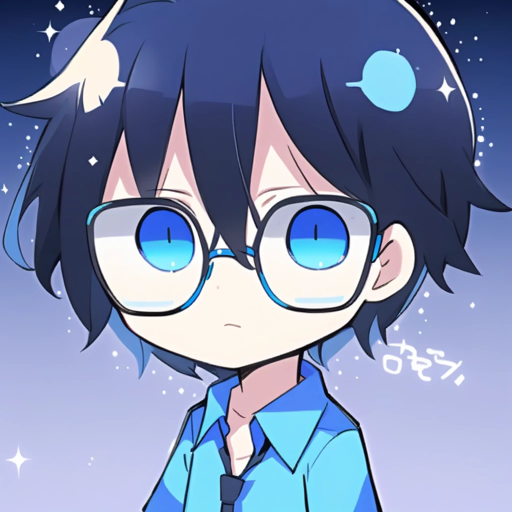 Chibi character, male character, Bblack hair, WITH GLASSES, Blue cold blouse, shining eyes, maya blue eyes, background quarto masculino, closest character, glad