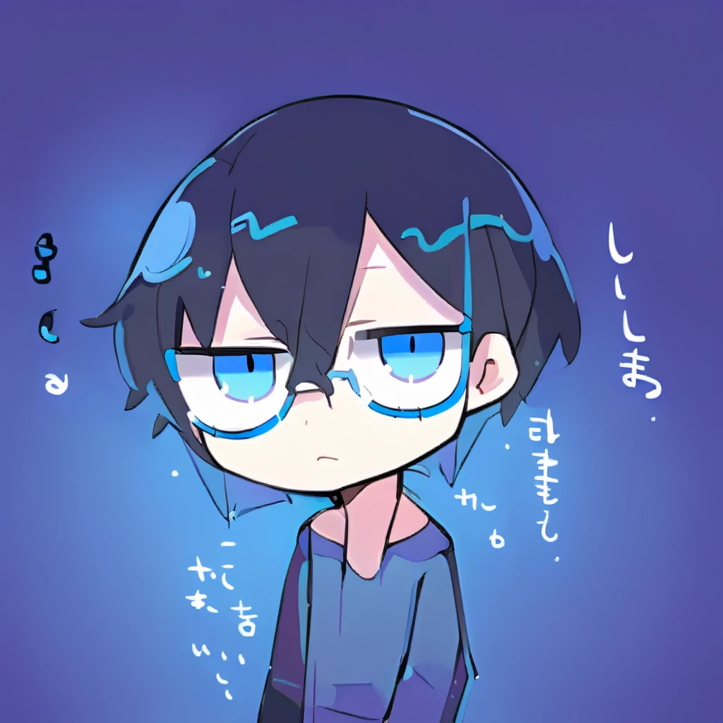 Chibi character, male character, Bblack hair, WITH GLASSES, Blue cold blouse, shining eyes, maya blue eyes, background quarto masculino, closest character