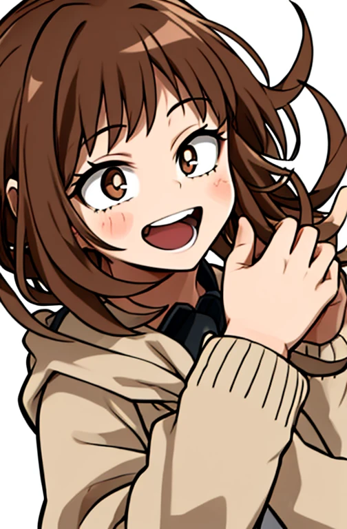 Horikoshi Kouhei, 1 girl, brown hair, brown eyes, cute eyes,long hair, happy.