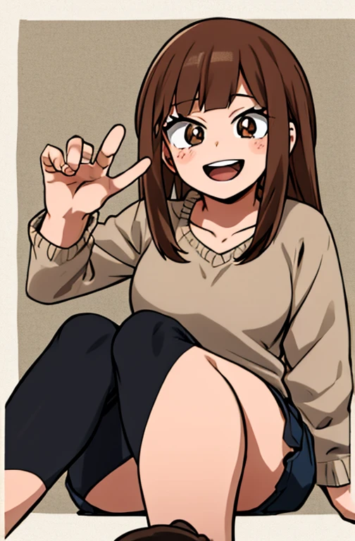 Horikoshi Kouhei, 1 girl, brown hair, brown eyes, cute eyes,long hair, happy.