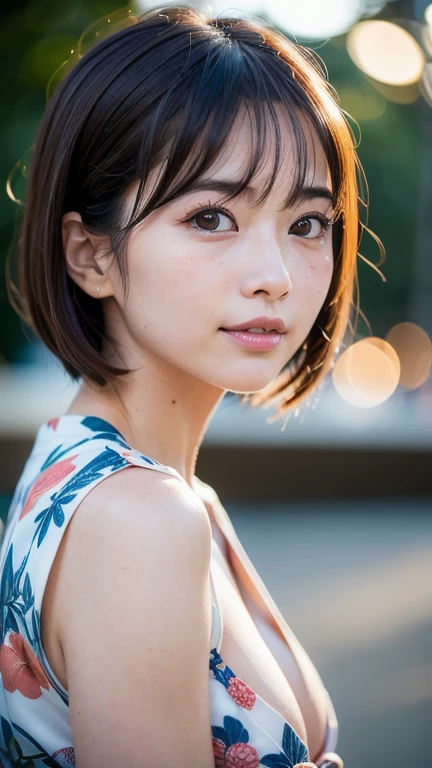 Highest quality, Face Focus, Soft Light, Ultra-high resolution, (Realistic:1.4), RAW Photos,
1 Japanese girl, alone, cute, (pupil, Light in your eyes),  Beautiful face in every detail, (Detailed eye resolution),(High resolution detail of human skin texture),
(forehead、bob cut),Tear bags、
Small breasts、((yukata、Fireworks display))、Rukutama、Open your mouth a little、freckles、fingersmile、cleavage 、From below、Low - Angle、Place your hands behind your head.、
(Portraiture)