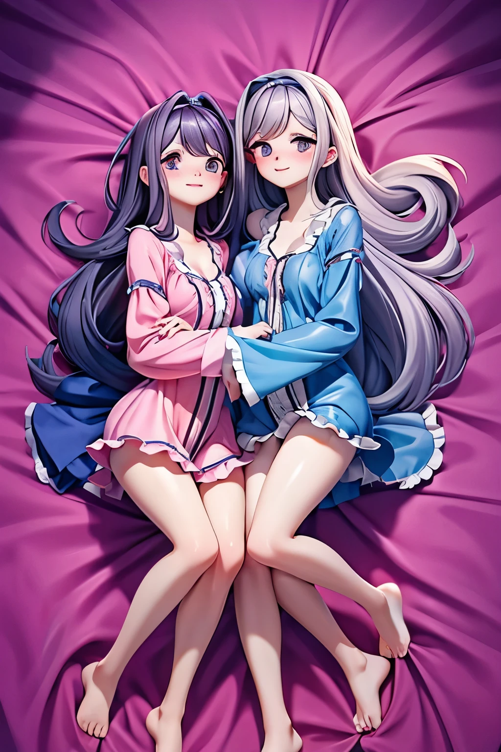 3 sweet and alluring innocent  adorable and alluring hot and curvaceous young teen ****ta wearing seductive pajama and nightgowns having a fun slumber party cuddling up to each other 