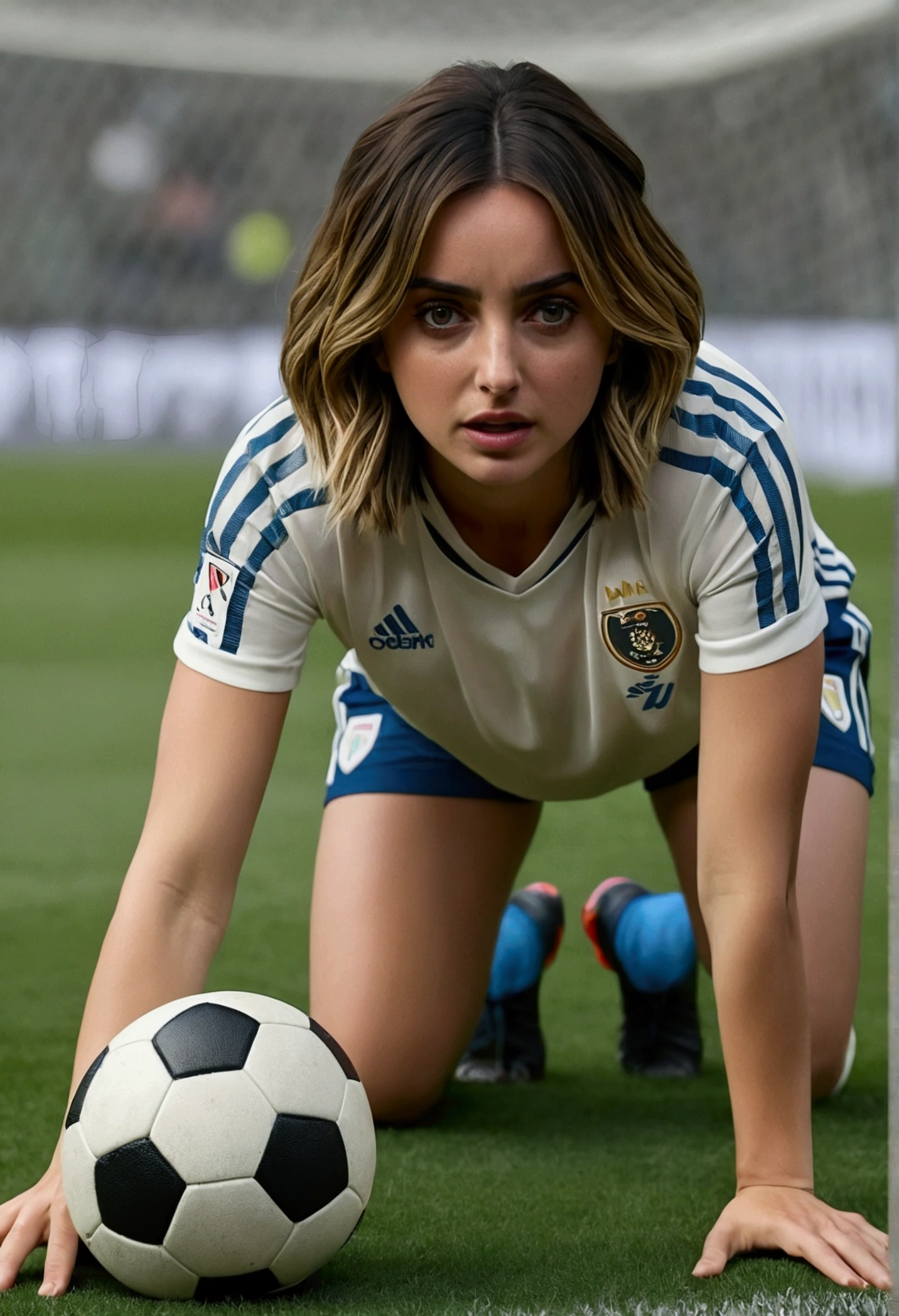 Ana de Armas realistic style 8k, crouched, both knees stuck to the ground,both of his hands touch the ground, in position ready to pick up a soccer ball