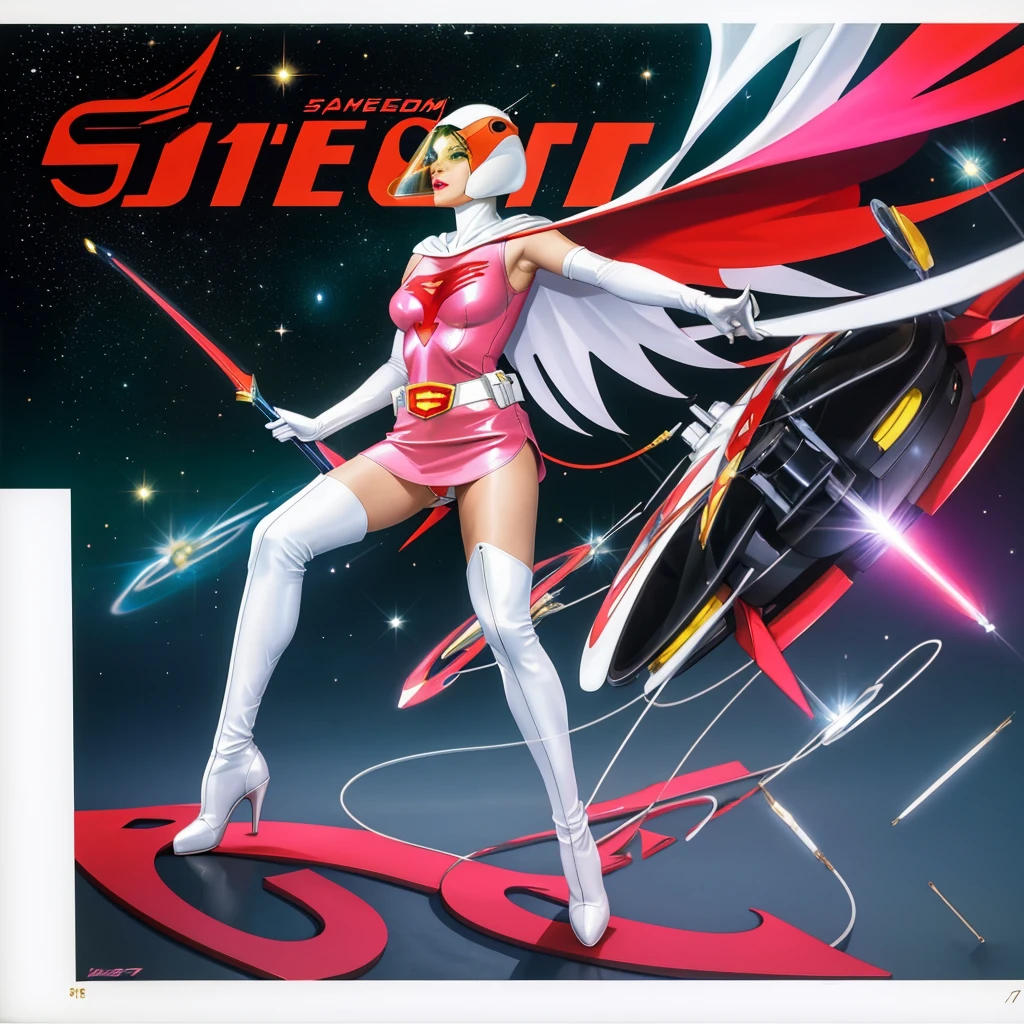 ANI_CLASSIC_jun_gatchaman_ownwaifu,1girl, 17yo,good anatomy, masterpiece, best quality,realistic, hyperrealistic, 16k hdr, long hair,breasts,green eyes,lips,large breasts,lipstick,makeup,gloves,cape,helmet,belt,elbow gloves,white gloves,mask,ultra miniskirt,leotard,spacesuit,white tight overknee highheels boots,pink dress,superhero,bodysuit,cleavage,erected nipples,(sexy pose,front view),(spread legs:1.1),cameltoe