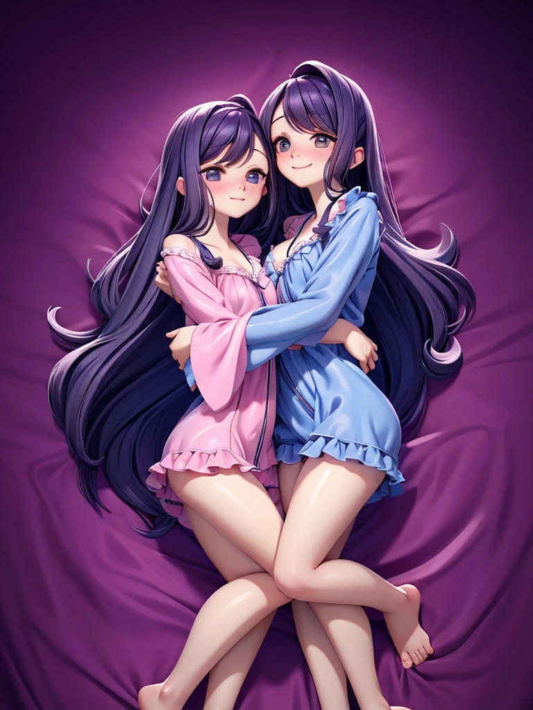 3 sweet and alluring innocent  adorable and alluring hot and curvaceous young teen ****ta wearing seductive pajama and nightgowns having a fun slumber party cuddling up to each other 