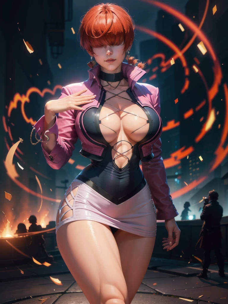 (at night), in a video game scene a blue background of moving circles, standing at attention, pink suit, pink jacket, choker, neckline, cut of clothing, earrings, has long bangs in her hair that covers her eyes ((hair over eyes)), 1 girl, 20 years old, young woman, beautiful fingers, beautiful long legs, beautiful body, beautiful nose, beautiful character design, perfect face, looking at viewer with serious gesture, stands on a phone call with his cell phone in hand (focusing on his face), closed mouth, Light_Smile, official art, extremely detailed CG unity 8k wallpaper, perfect lighting, bright and colorful front lighting, glowing skin (masterpiece: 1.0), (best_quality: 1.0), ultra high resolution, 4K, ultra detailed photography, 8K, HDR, high resolution, absurd:1.2, Kodak portra 400, film grain, blurred background, bokeh:1.2, lens flare, (vibrant_color:1.2 ), professional photography, (Beautiful, breasts: 1.4), (beautiful_face: 1.5), (narrow waist),