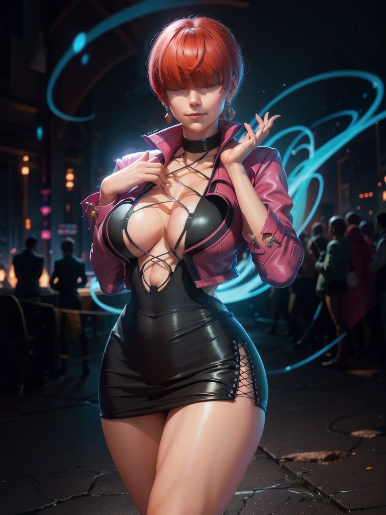 (at night), in a video game scene a blue background of moving circles, standing at attention, pink suit, pink jacket, choker, neckline, cut of clothing, earrings, has long bangs in her hair that covers her eyes ((hair over eyes)), 1 girl, 20 years old, young woman, beautiful fingers, beautiful long legs, beautiful body, beautiful nose, beautiful character design, perfect face, looking at viewer with serious gesture, stands on a phone call with his cell phone in hand (focusing on his face), closed mouth, Light_Smile, official art, extremely detailed CG unity 8k wallpaper, perfect lighting, bright and colorful front lighting, glowing skin (masterpiece: 1.0), (best_quality: 1.0), ultra high resolution, 4K, ultra detailed photography, 8K, HDR, high resolution, absurd:1.2, Kodak portra 400, film grain, blurred background, bokeh:1.2, lens flare, (vibrant_color:1.2 ), professional photography, (Beautiful, breasts: 1.4), (beautiful_face: 1.5), (narrow waist),
