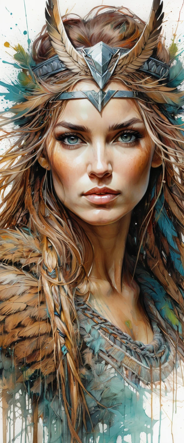 Art by Carne Griffiths, Valkyrie , , perfect face, perfect body, Knitting clothes, perfect digital painting, detailed, sharp, oil paint, Realistic, long and voluminous hair, detailed masterpiece, best image quality. , Mysterious,