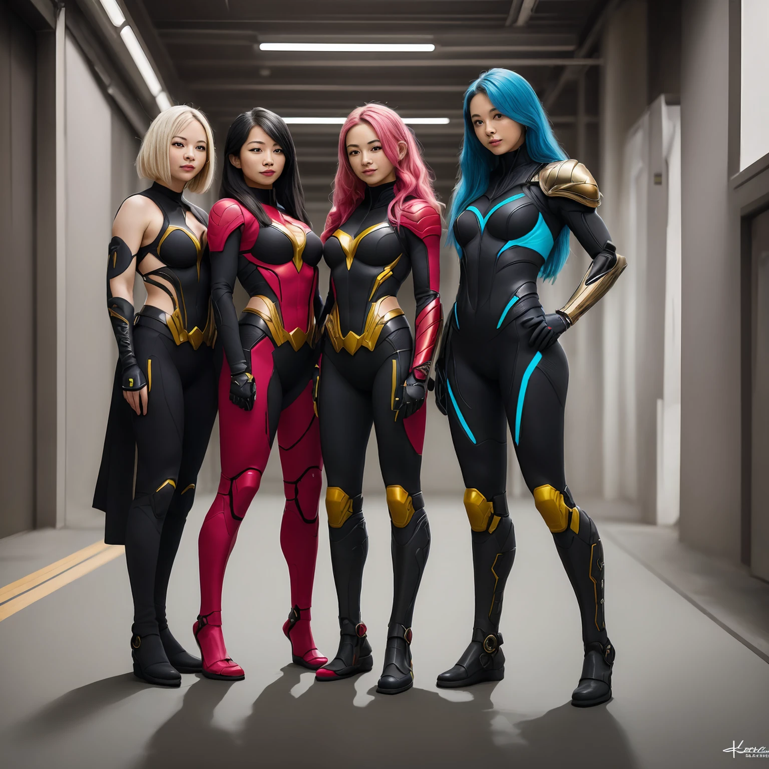 ((Full body photo, standing, feet on the floor)) heromkr2023, best quality, masterpiece, full body, 3girl, vibrant colors, superhero,japanese, ninja, robotic arm,