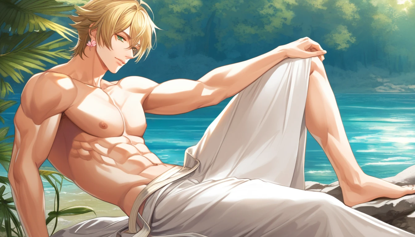 (absurd, highres, ultra detailed, HDR), masterpiece, best quality, perfect face, fine features, vivid green eyes, solo, male, handsome, detailed face, Taishakuten, ash blonde hair, hair between eyes, white tunic, chest, lotus earrings, onmyoji, pink petals, pink butterflies, sitting on the shore of a lake, looking at the water, perfect anatomy, athletic, light muscles,