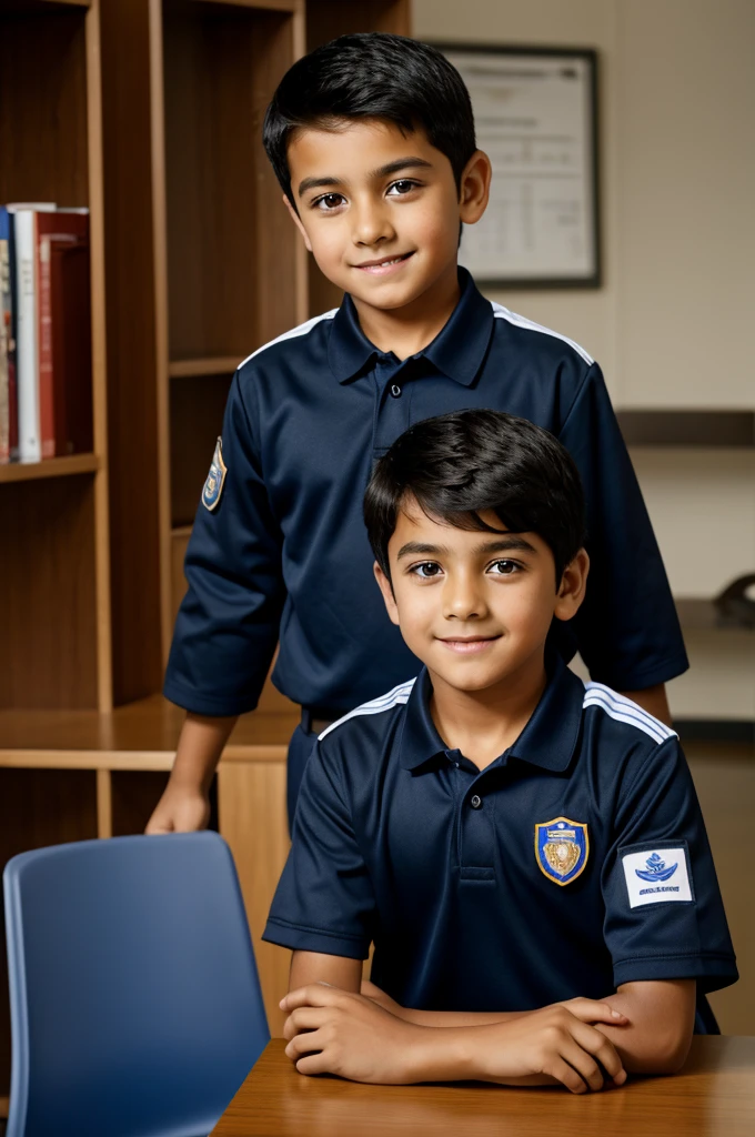 Male student, , dark hair, black hair, brown eyes, wearing a blue uniform.