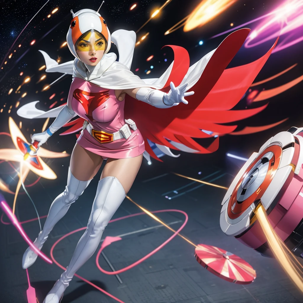 ANI_CLASSIC_jun_gatchaman_ownwaifu,1girl, ****,good anatomy, masterpiece, best quality,realistic, hyper realistic, 16k hdr, long hair,breasts,lips,large breasts,lipstick,makeup,gloves,cape,helmet,belt,elbow gloves,white gloves,mask,ultra miniskirt,leotard,spacesuit,white tight overknee highheels boots,pink dress,superhero,bodysuit,cleavage,erected nipples,(fighting poses),cameltoe