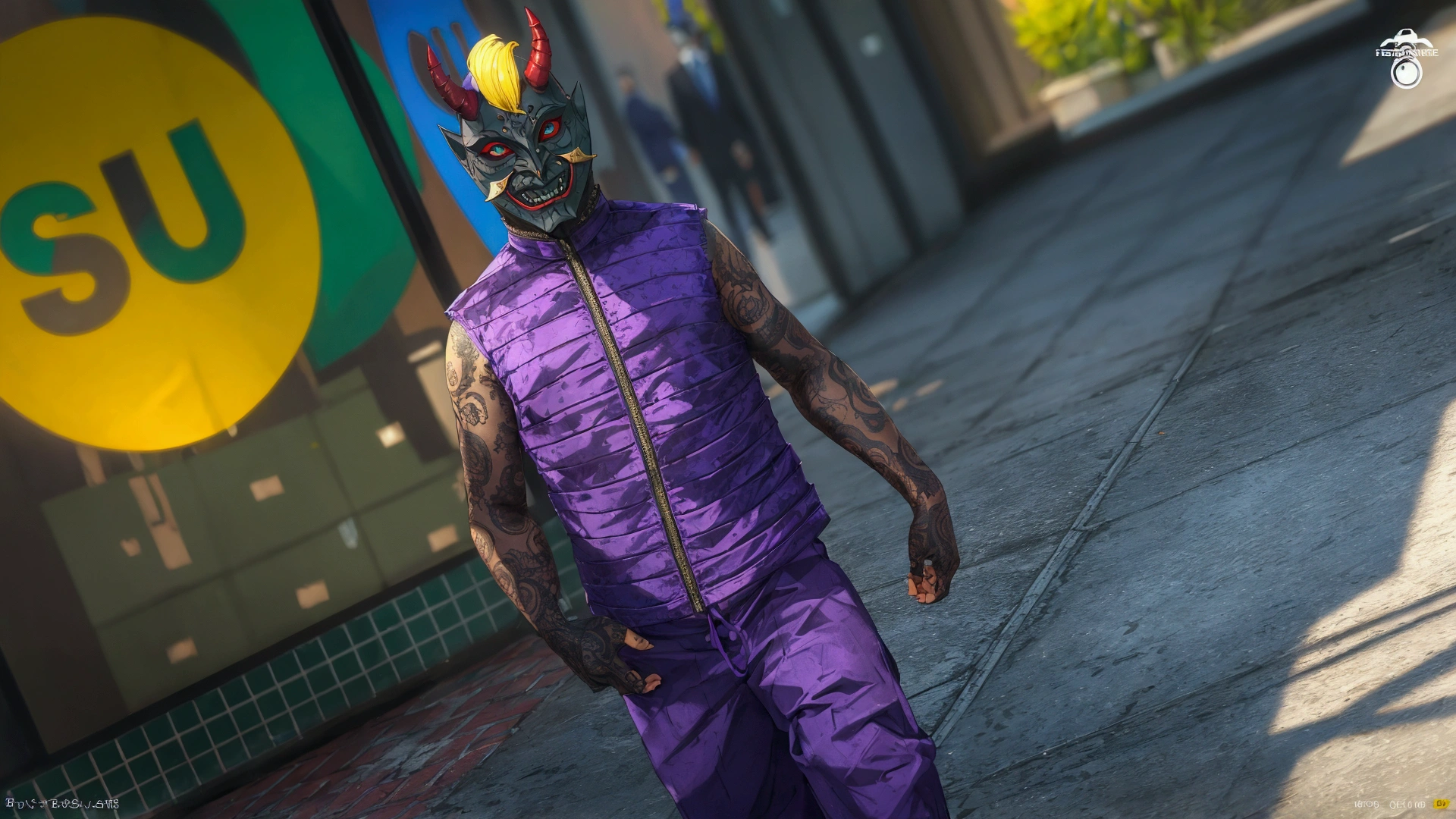 Men wearing purple clothes, devil mask