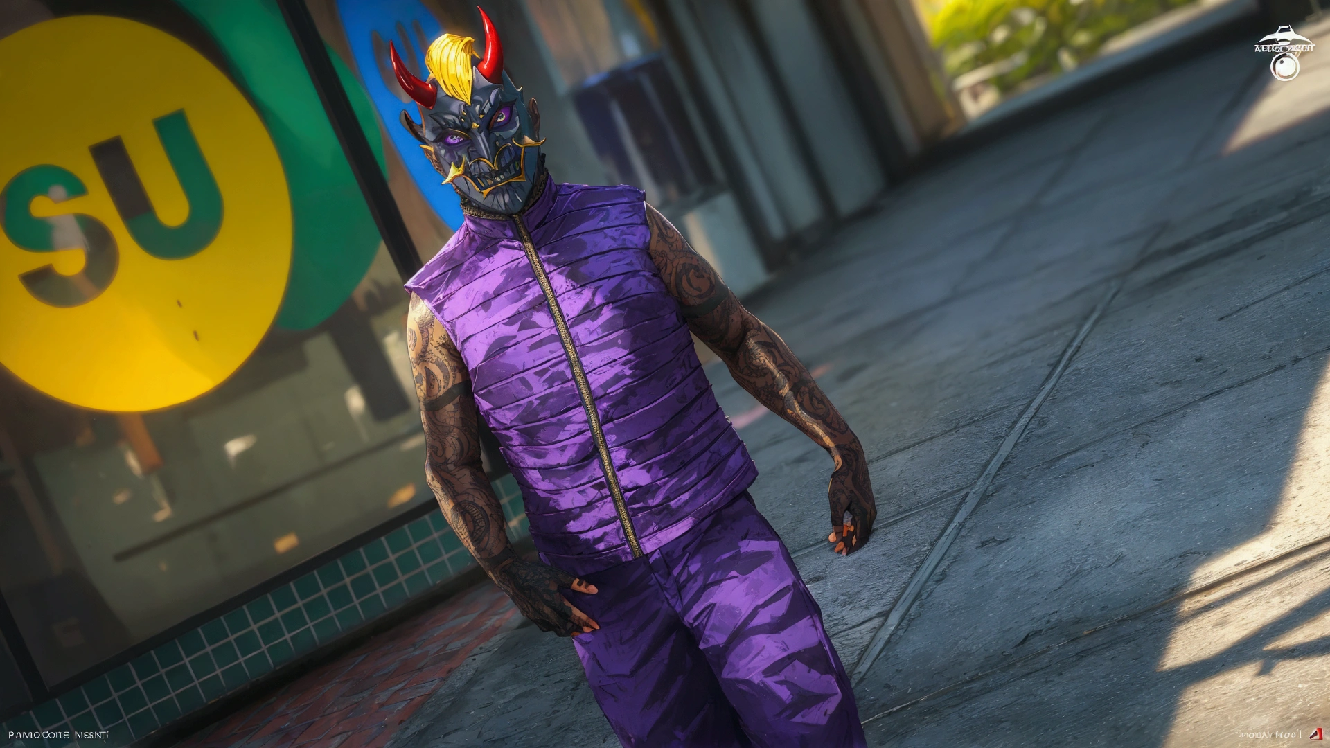 Men wearing purple clothes, devil mask