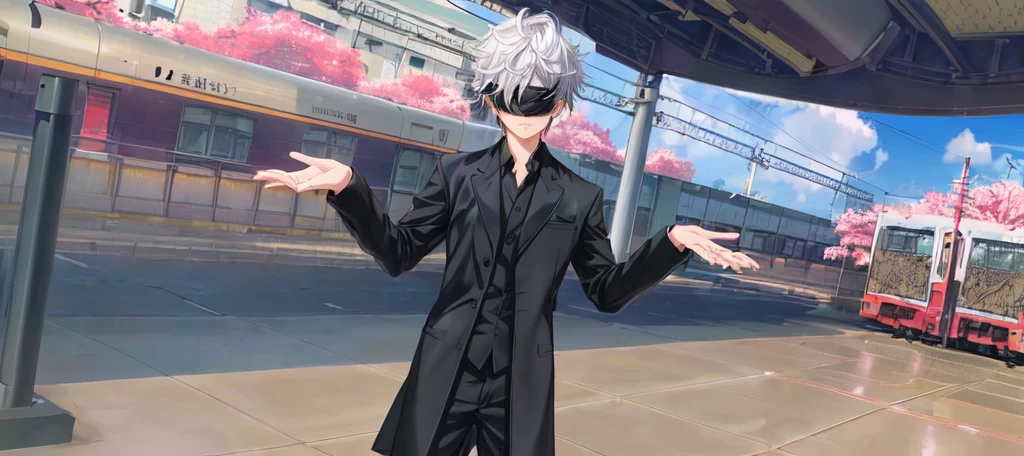 anime character in black suit standing in front of a train, inspired by Okumura Togyu, he wears an blind folded, black blindfolded, he has dark silver hairs, wearing an blind folded, handsome anime pose, live2d, gojo satoru. Fake smile.