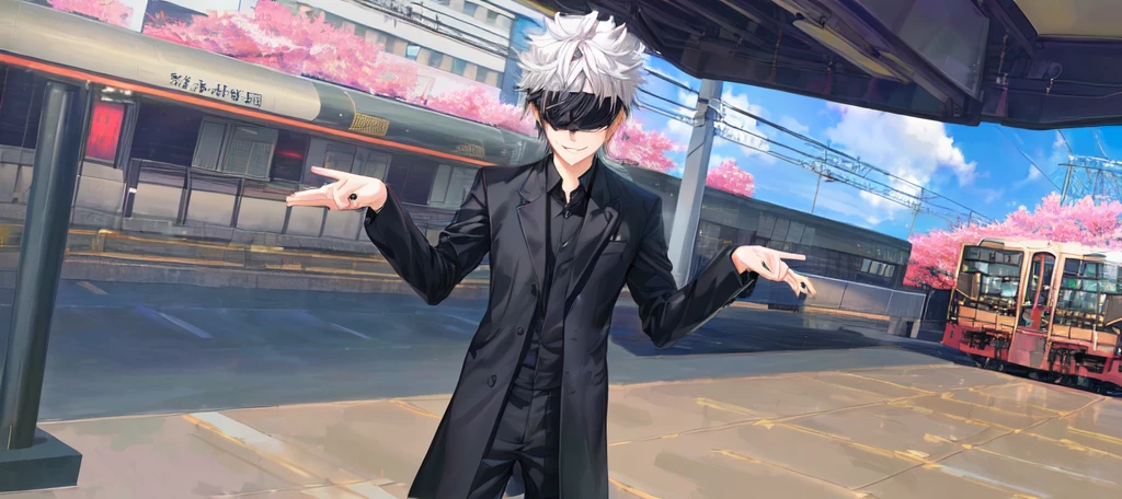 anime character in black suit standing in front of a train, inspired by Okumura Togyu, he wears an blind folded, black blindfolded, he has dark silver hairs, wearing an blind folded, handsome anime pose, live2d, gojo satoru. Fake smile.