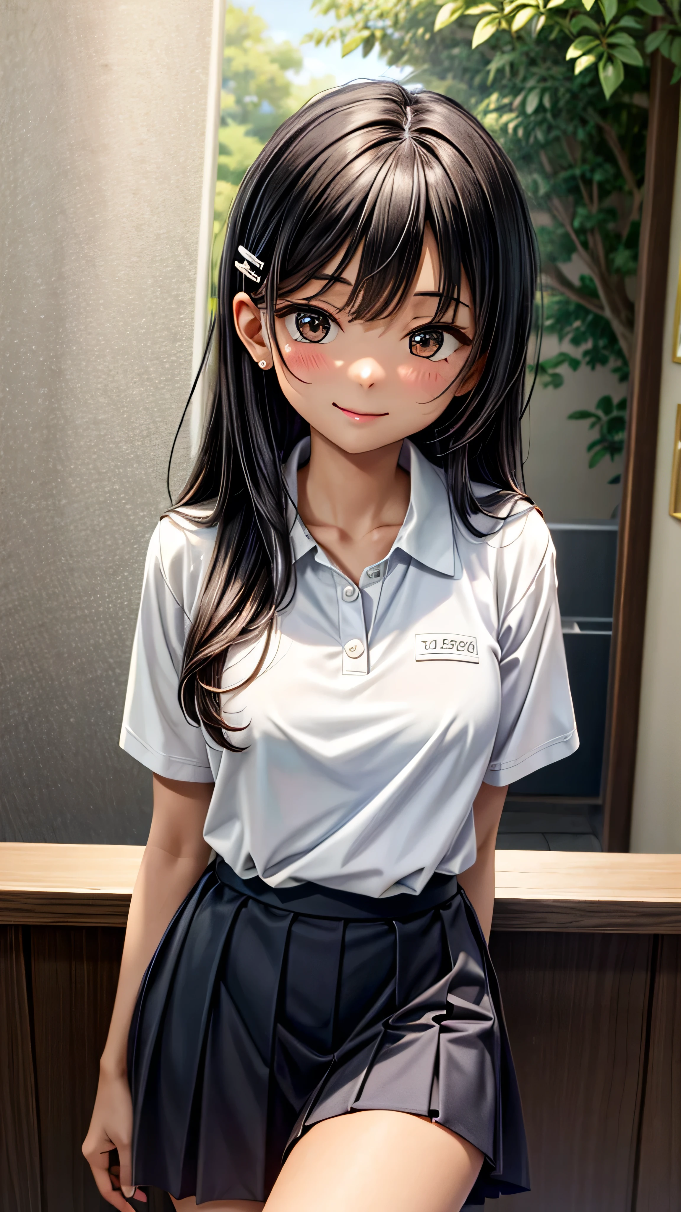 ((best quality)), ((masterpiece)), (details), one girl, sexy ((best quality)), ((masterpiece)), (details), one girl, sexy ((best quality)), ((masterpiece)), (details), one girl, full body, sexy expensive body, expensive, long legs, mature woman, mature, adult, it_nagatoro_main, Hayase Nagatoro, one girl, blushing, alone, uniform polo shirt, short sleeves, black hair,brown eyes, hair accessory, looking at viewer, hair clip, smiling, long hair, dark skinned woman, dark skin, , bangs, daytime, skirt, collared shirt, collarbone, ear clip, mouth closed, tree, asymmetrical bangs, upper body
