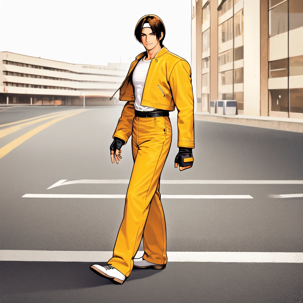 Orochikyo, 1 person, alone, Golden yellow jacket, Fingerless gloves, White T-shirt, White headband, Yamabuki colored pants, White shoes, whole body, good looking, charm, masterpiece, High resolution, Detailed face,fine grain,A confident smile,In the parking lot