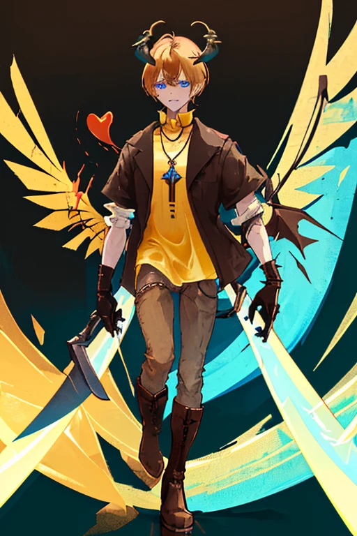a half demon and half human, who is an 18 year old boy, wears a green shirt with yellow details, has short brown hair, he has small horns on his head that are black, wears a black jacket with red details, wear brown boots, black gloves, wears a yellow heart-shaped pendant around her neck, wears brown pants and has blue eyes. also has blue demonic wings, and a black demonic tail with a heart tip, in addition he holds a blue katana kept in a sheath that rests on my torso.