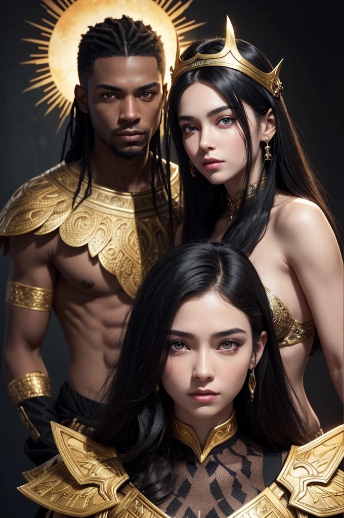 Create an image of a black man, with yellow eyes, as if he were king of the sun. He commands a court, which is called the Day Court. He has golden adornments, pointy ears like a fairy. Next to his wife, also fairy, with purple eyes, white skin and a scar on her right eye. The woman has black hair. Both appear to be 19 years old. Make them in a humanly realistic way. Leave everything with perfect details. For a book cover.