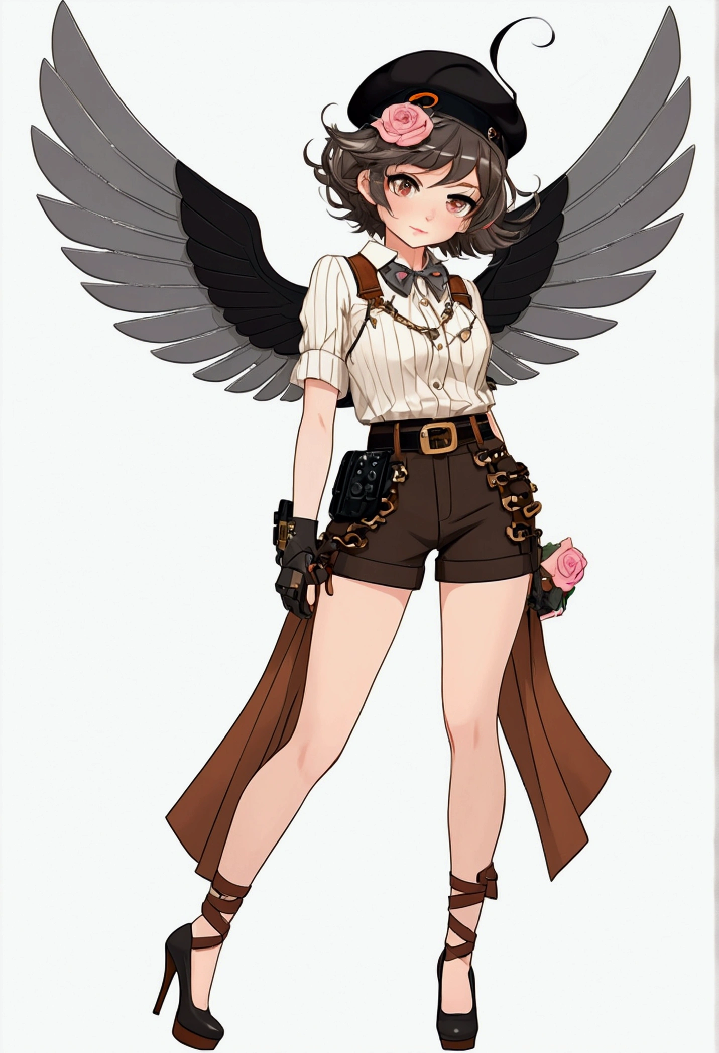 woman 165cm tall, (whole body: 1.5), slim build, , charming look, ((heterocromia: ojo right naranja y ojo izquierdo violeta)), (Shoulder Length Wavy Gray Hair, medium braid on the left side of the hair: 1.2, big open bangs, largo flequillo en el lado izquierdo y right del cabello sobre las mejillas , golden gear hairpin on the left side of the hair: 1.1), (((complex mechanical legs up to the hip, The legs are black with gray parts and small pink details))), (((complex mechanical arms up to the elbows, The arms are black with gray parts and small pink details))), ((complex white mechanical angel wings with pastel green parts)), (elegant black French beret, orange rose ribbon on the beret: 1.2), (stylish white short sleeve button down shirt, dark brown shorts with straps from the waist, elegant black belt, small rose brooch on shirt collar, beautiful mechanical stilettos), (((full body character design sheet: vista 3/4))), ((Pastel yellow background)), extremely detailed hair, beautiful detailed clothing, extremely detailed arms, extremely detailed face, (Extremely detailed hands), perfect hands, beautiful detailed eyes, beautiful detailed lips, adorable, extremely detailed legs, (Best Quality, 8k, ultra resolution), ultra detailed, Exquisite and epic character art, (Focus on symmetry), (extremely detailed wings), (body position: standing, right, symmetrical), looking at the viewer, small face.