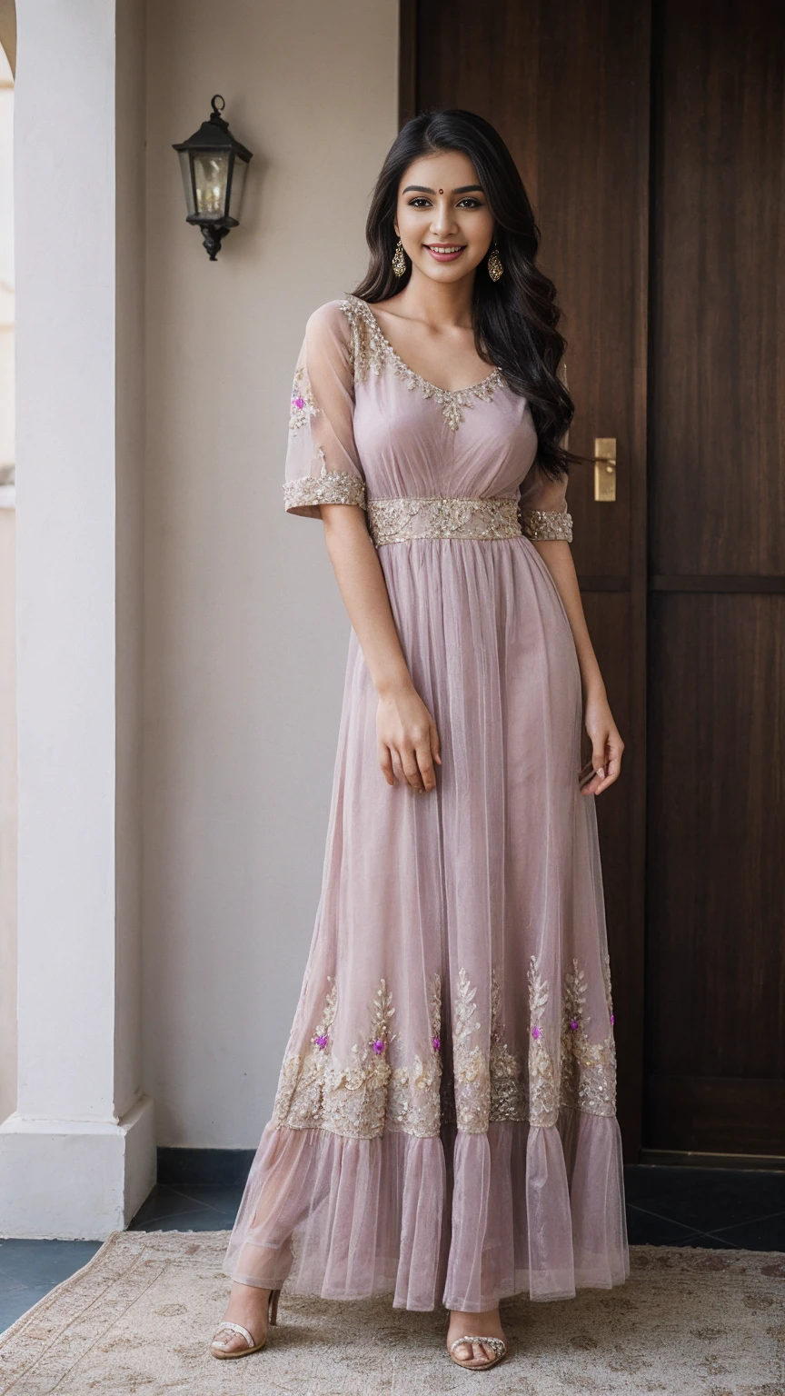 (photo of 20 year old beautiful girl, beautiful and charming),
((((Full body shot:1.5)))), (full body in picture), (full body photo Close-up photo of the shin), (Indian babe), (rest standing position), (looking at viewers, front view shot, from_fronts),
best quality, movie studio lighting, illustration at Very detailed, ultra high resolution, depth of field, caustic, wide exposure, natural shading, masterpiece, hyper realistic, hyper detailed, photorealists, 8K, HDR, High resolution, (1girl), (Blurry background), (Bokeh:1.2), RAW photo, complicated details, extremely detailed, candid picture, candid shots, extreme detailed, colorful, highest detailed, (iconic picture shot, perfect brightness, perfect contrast, perfect colour),
hair is one eye, purple eyes, Golden blonde hair, bob, side bangs, sharp eyeliner, blush eyeshadow with thick eyelashes, lip gloss very delicate and beautiful, round chin, round earrings, sharp eyes, (symmetrical eyes), (perfectly symmetrical body), (pretty face, iconic face), detailed face, detailed eye, detailed lips, detailed neck, ultra realistic face, ultra realistic eye, ultra realistic lips, attractive hair style, detailed hair style, princess hair ornament, (perky breasts, perfect rounded breasts, attractive breasts, perfect symmetrical breasts), (attractive body figure, perfect body figure, perfect figure, curvy_figure), skin_tight, (thin), smile, ((beautiful High heels, embroidery high heels)),
(beautiful girl in Indian outfits), ,
(((facny gown), (fancy gown with sleeve), (embroidery gown), (embroidery maxi lengh gown), (dense ruffled gown, flared gown), long maxi lenght gown, long gown, iconic gown )), ,,