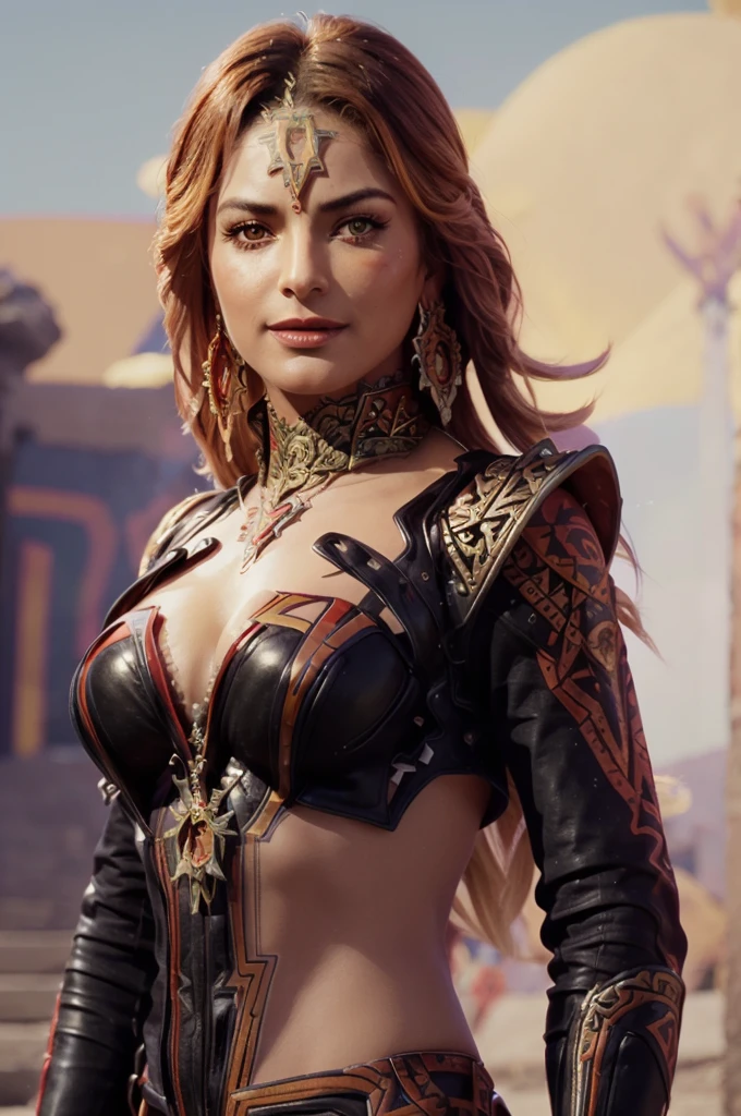 A adult girl in realistic portrait of high quality and detail, movie style, Mavuika (Genshin Impact), 25 years old, the sky is ablaze with bright flames in the background, depth of field, magic, big red lips, ((red and yellow eyes)), black and red full clothes, covered chest, mystical atmosphere, ominous shadows, Intense blue aura, Intense red aura (best quality:1.2), absurdres, intricate details, (highly detailed skin:1.2), smile expression, posing, taut and well defined body, attractive. Highly realistic, tanned skin, beautiful, hyperrealism, skin very elaborated, direct gaze, Aztec style, rectangular sunglasses, glow, eye shadow, 1girl, Depth & Perspective, smiling on her face, fine face, She is standing in the middle of the battle arena, outdoors, Aztec pyramid on the background, looking at viewer, (ultra-high detail:1.2), Masterpiece, Best Quality, Ultra-detailed, Cinematic lighting, 8K, delicate features, cinematic, 35 mm lens, f/1.9, highlight lighting, global lighting –uplight –v 4, cinematic, Cinematic lighting, 8K, high quality, Highest Quality, (Solo Focus), (extremly intricate:1.3), (Realistic), masterful, Analog style, (Film grain:1.5), (warm hue, cold tone),