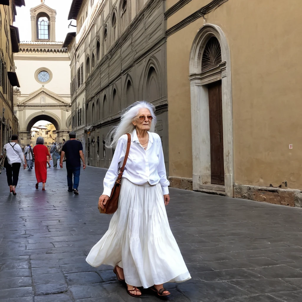 old woman with a long white hairs walk in florence, she dress a white shirt and long cjhecked skirt, she's tired, she's old woman, she is serene, she's funny ,