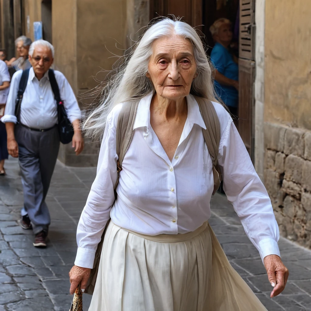 old woman with a long white hairs walk in florence, she dress a white shirt and long  cjhecked skirt, she's tired, she's old woman, she  is serene, she's funny ,