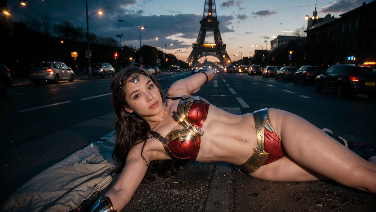 ((masterpiece), (solo character), (photorealistic:1.4), ),(best quality), (epiCRealLife), (g4lg), (wonder woman bra top), (g4lg show abs), (g4lg show cleavages), (Gal Godot in wonder woman costume), (lora:epiCFlashPhoto),(flashphoto), (flash photography) (look at viewers), (outdoor), (Eifel Tower), (night time), (city night lights), (street view), (lying on street)