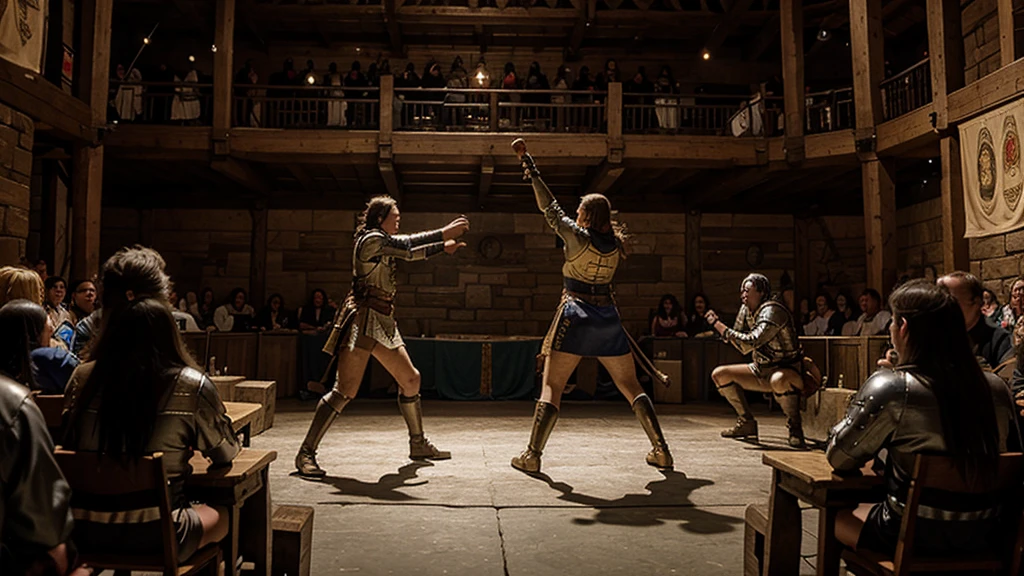 An epic battle in the heart of the labyrinth, where Snow White and the prince are fighting the counselor and his followers. The scene shows a chaotic environment, with shadows that move aggressively and attack the characters. The walls of the labyrinth are illuminated by the glow of spells and magical lights. The Eye of the Mist is in the center, shining ominously. Includes details of the fight, like spells fired and characters in combat, to convey the intensity of the battle."