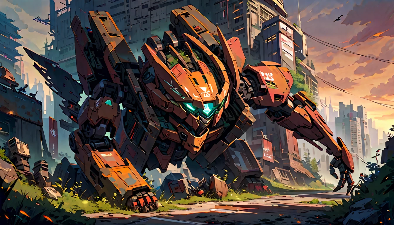 mecha ,winter, dark, dusk,cracked  broken robot, an abandoned old rusty mech, an overgrown , frame weathered and worn, detailed,futuristic city environment, post-apocalyptic