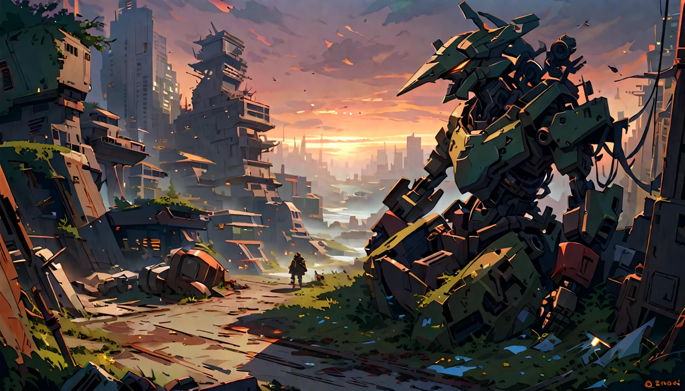 mecha ,winter, dark, dusk,cracked  broken robot, an abandoned old rusty mech, an overgrown , frame weathered and worn, detailed,futuristic city environment, post-apocalyptic