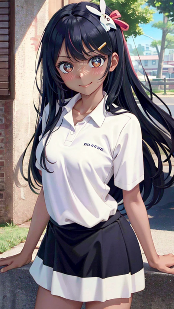 ((best quality)), ((masterpiece)), (details), one girl, sexy ((best quality)), ((masterpiece)), (details), one girl, sexy ((best quality)), ((masterpiece)), (details), one girl, full body, sexy expensive body, expensive, long legs, mature woman, mature, adult, it_nagatoro_main, Hayase Nagatoro, one girl, blushing, alone, uniform polo shirt, short sleeves, black hair,brown eyes, hair accessory, looking at viewer, hair clip, smiling, long hair, dark skinned woman, dark skin, , bangs, daytime, skirt, collared shirt, collarbone, ear clip, mouth closed, tree, asymmetrical bangs, upper body