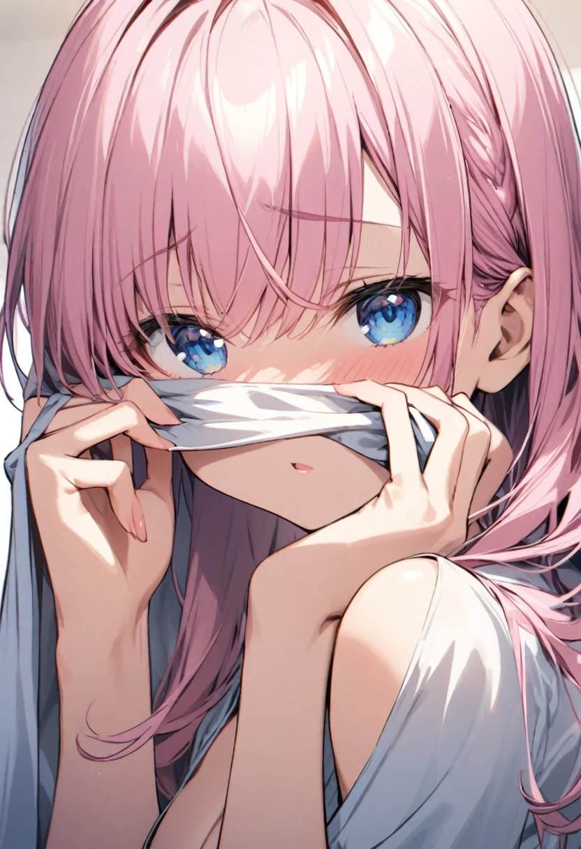 Cover your face with a cloth、Girl with pink hair、blue eyes