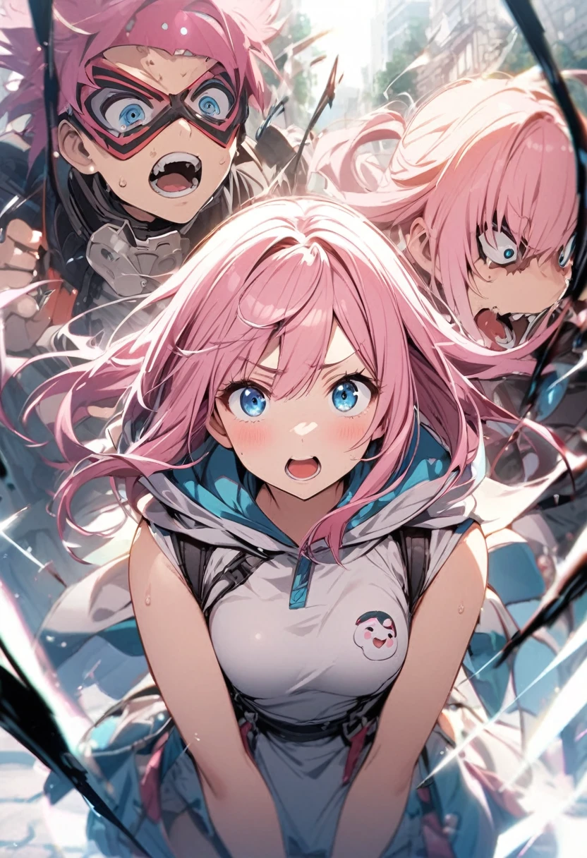 shout、fear、Screech、Girl with pink hair、blue eyes