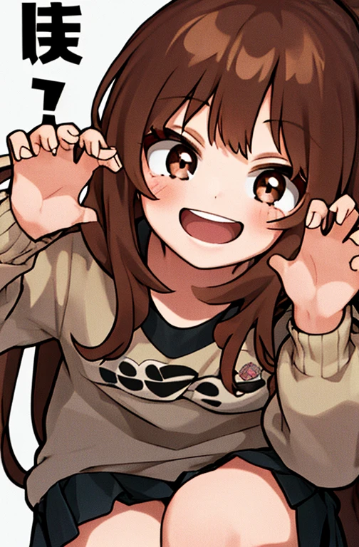 Horikoshi Kouhei, 1 girl, brown hair, brown eyes, cute eyes,long hair, happy.